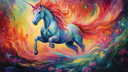 Fototapeta na wymiar Magic unicorn on rainbow background. Generative AI 
