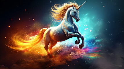 Magic unicorn on rainbow background. Generative AI  - obrazy, fototapety, plakaty