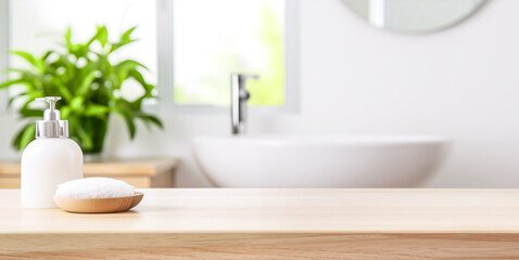 Fototapeta premium Empty tabletop for product display with blurred bathroom interior background. Soap dispenser and Spa towel on pastel bathroom window interior with plant