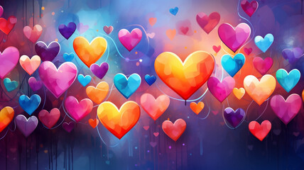 Bright colorful hearts, background with the image of hearts. Generative AI  - obrazy, fototapety, plakaty