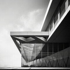 Fotografia en blanco y negro con detalles de arquitectura de edificio de diseño moderno