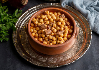 Traditional delicious Turkish foods; Turkish Food Chickpeas with Meat. Turkish name; Etli nohut