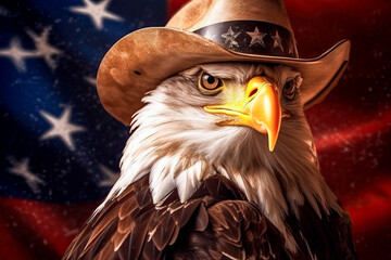 Patriotic Bald Eagle in Cowboy Hat Proudly Poses Before American Flag