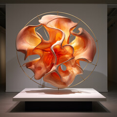 Fondo con detalle y textura de estatua de abstracta de formas aleatorias, tonos anaranjados, en una exposicion