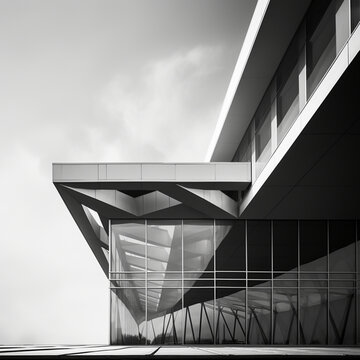 Fotografia en blanco y negro con detalles de arquitectura de edificio de dise&ntilde;o moderno