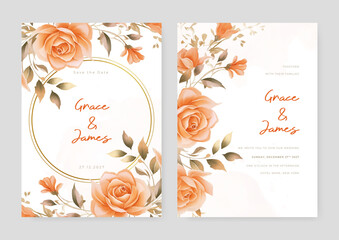 Peach rose artistic wedding invitation card template set with flower decorations