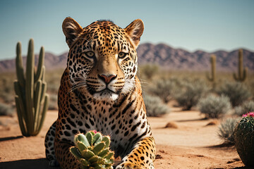 Leopard lying in the desert with cacti plants around it. AI generated.