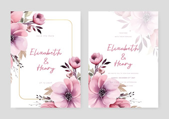 Purple violet peony set of wedding invitation template with shapes and flower floral border