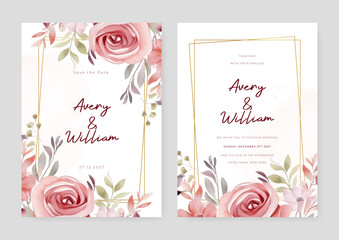 Pink rose elegant wedding invitation card template with watercolor floral and leaves