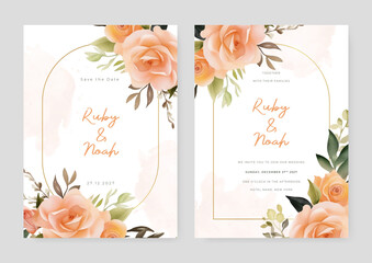 Peach rose luxury wedding invitation with golden line art flower and botanical leaves, shapes, watercolor