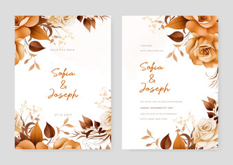 Beige and brown rustic rose floral wedding invitation card template set with flowers frame decoration