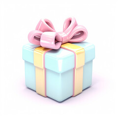 Cute plastic present gift box with bow stylized 3d render illustration in pastel colors isolated on white background	