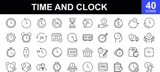 Time and clock web icons set. Time and clock - simple thin line icons collection. Containing timer, countdown, hour, calendar, alarm, date and more. Simple web icons set