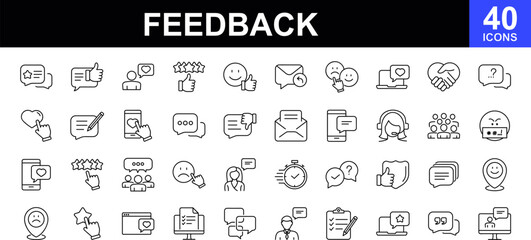 Fototapeta na wymiar Feedback web icons set. Feedback - simple thin line icons collection. Containing rating, testimonials, quick response, satisfaction, review, emotion symbols and more. Simple web icons set
