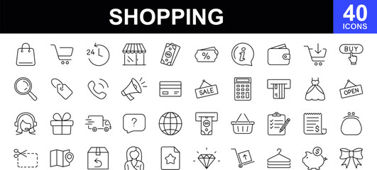 Fototapeta na wymiar Shopping web icons set. Shop - simple thin line icons collection. Containing money, list products, bank card, bag, terminal, gifts and more. Simple web icons set