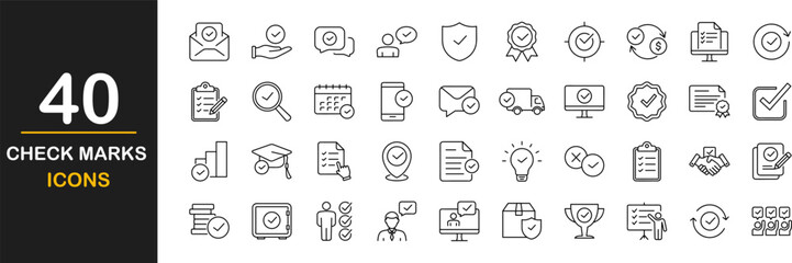 Check marks web icons set. Approved marks sign - simple thin line icons collection. Containing accepted document, quality check, approved, check list, warranty and more. Simple web icons set