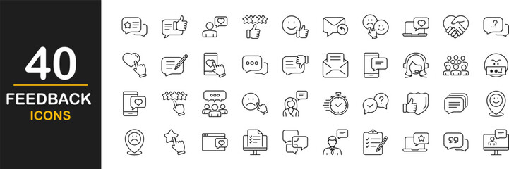 Feedback web icons set. Feedback - simple thin line icons collection. Containing rating, testimonials, quick response, satisfaction, review, emotion symbols and more. Simple web icons set