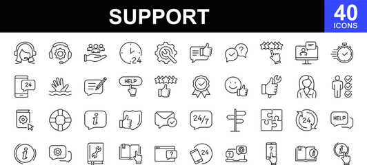 Support web icons set. Support - simple thin line icons collection. Containing helpdesk, online help, quick response, online service, call center, feedback and more. Simple web icons set