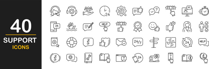 Support web icons set. Support - simple thin line icons collection. Containing helpdesk, online help, quick response, online service, call center, feedback and more. Simple web icons set