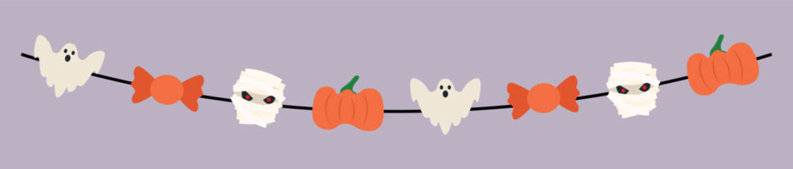 Halloween garland with ghosts and pumpkins on lilac background