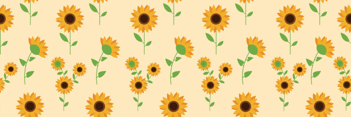 Many sunflowers on beige background. Pattern for design