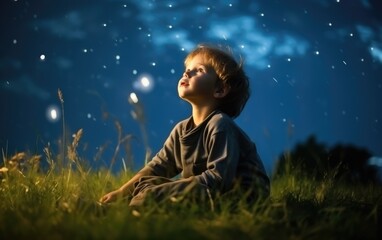 Naklejka premium A happy amazed kid is sitting on the grass and watching the sky full of stars