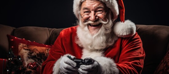 Obraz premium Smiling Santa on couch watching TV holding remotes