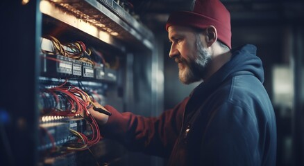 Experienced Electrician Tending to a Switchboard. Generative ai
