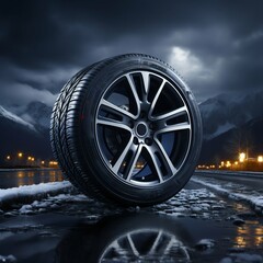 Winter Car Tire Against Snowy Mountain Landscape. Generative ai