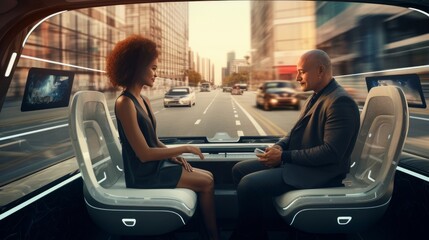 a Futuristic driverless minibus moving in a modern city with glass skyscrapers. Beautiful woman and senior man talking in driverless autonomous vehicle. - obrazy, fototapety, plakaty