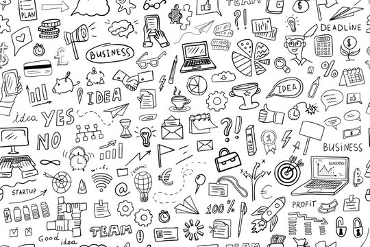 Seamless pattern of business elements. Doodle style. Vector illustration of success, start-up, team, good idea. Hand drawn. Great for banner, posters, background, wallpaper and professional design.