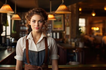 Portrait of a latin young caucasian waitress small business owner barista bartender standing looking at the camera at the bar in restaurant.