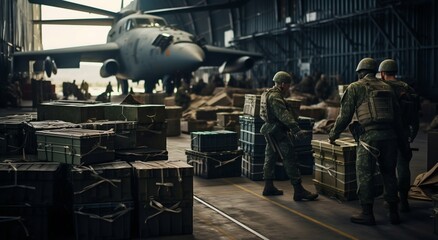 Ammunition Supply: Unloading at Military Airport. Generative ai - obrazy, fototapety, plakaty