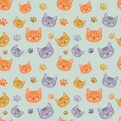 Seamless pattern for pet shop with colorful cats and paws. 
Bright print on clothes and accessories for cats with a vector of cats and paws