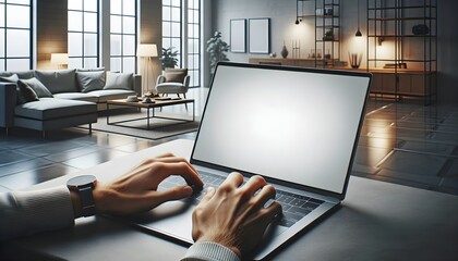 Person working on laptop with blank white screen concept, office background, working from home, banner with copy space text - obrazy, fototapety, plakaty