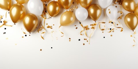 Festive background of a white and golden balloons and confetti birthday celebration creative layout. Top view, white background