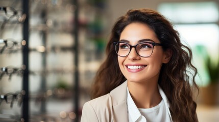 joyful woman with a radiant smile adjusting her round eyeglasses in office or a clinic - obrazy, fototapety, plakaty