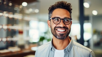 joyful man with a radiant smile adjusting her round eyeglasses in office or a clinic - obrazy, fototapety, plakaty