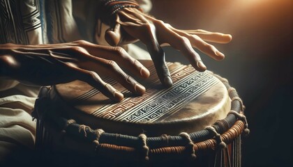 Closeup of traditional person playing on tribal drums, bongos, culture and religion concept, ritual music background