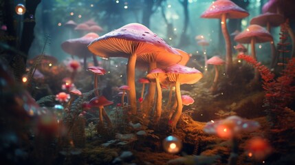 Mushrooms in a forest with lights and fire, AI