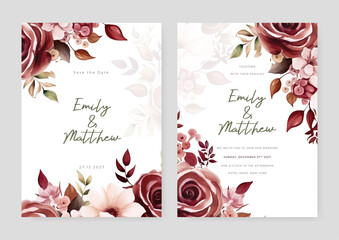 Red and pink rose and cosmos rustic vector elegant watercolor wedding invitation floral design
