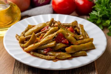 Traditional delicious Turkish food; Green beans with olive oil; Turkish name; Zeytinyagli taze fasulye