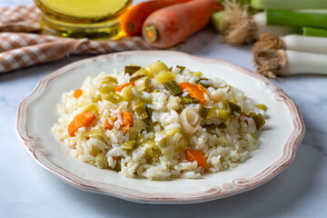 Rice with leeks from traditional Turkish cuisine - Turkish name; pirasali pirinc pilavi