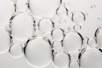 Detailed perspective of a collection of clear water droplets against a stark white backdrop - obrazy, fototapety, plakaty