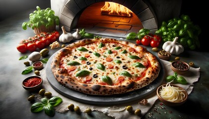 Closeup of delicious tasty stone oven baked pizza in restaurant food photography concept background