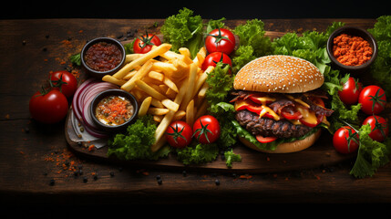 food background with fresh tasty burger above the wood plate, on dark background. generative ai