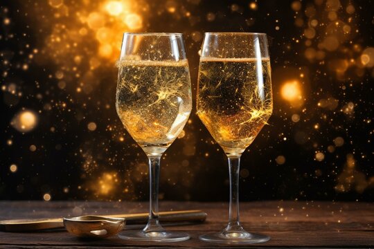 Two champagne glasses with sparkling stars. Generative AI