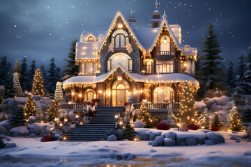 A luxurious home adorned with fairy lights, surrounded by petite pine trees also illuminated with those lights. The night sky above is clear, showcasing a mesmerizing display of stars