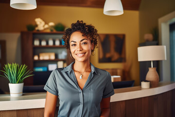 Young black woman bed and breakfast owner standing behind counter, young beautiful woman standing at the reception desk