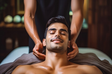 Young Asian massage therapist doing his job, handsome male getting relaxed in a massaging spa salon, relaxed male - obrazy, fototapety, plakaty